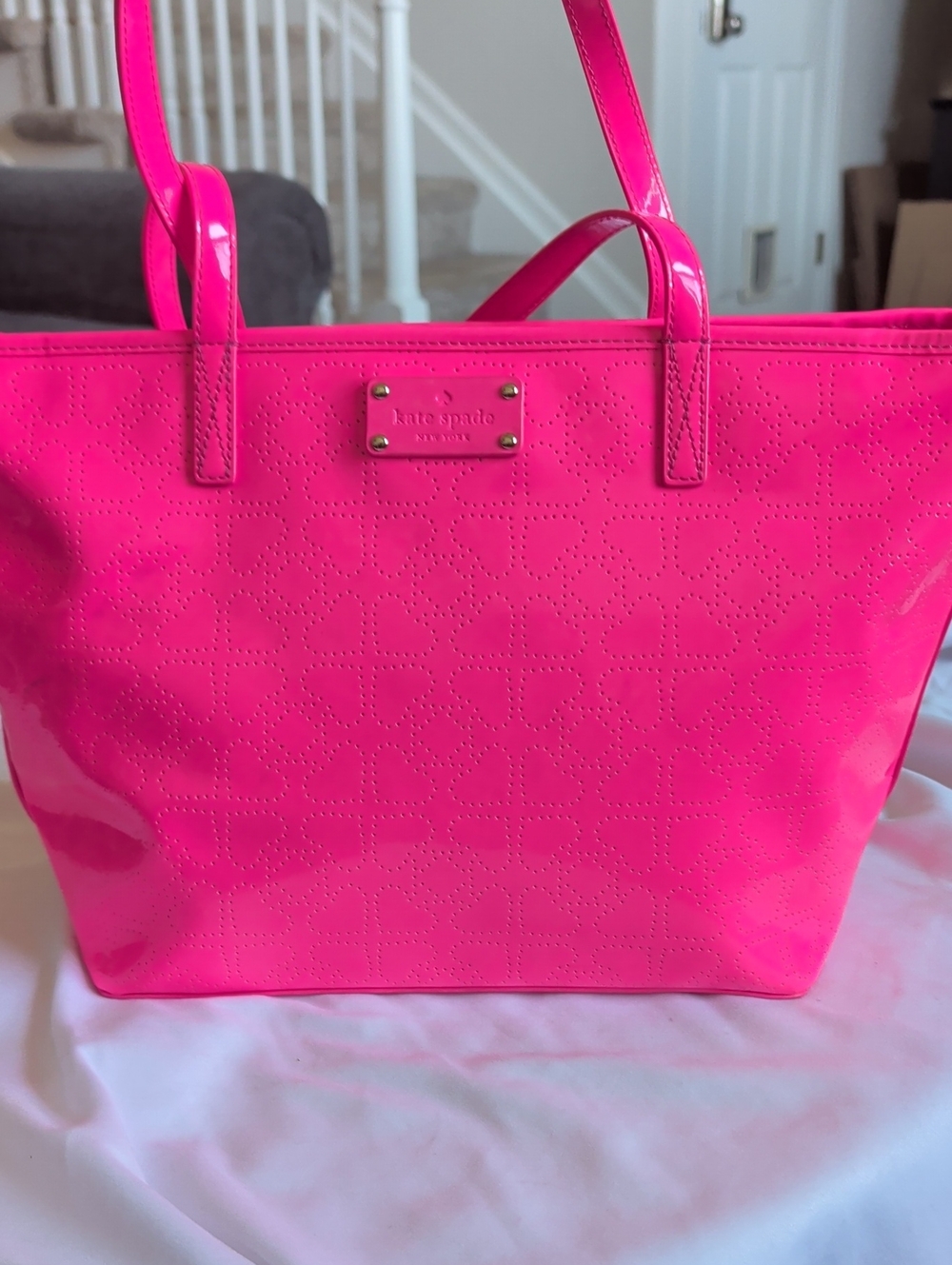 kate spade Neon Pink Patent Tote with Perforated Hearts